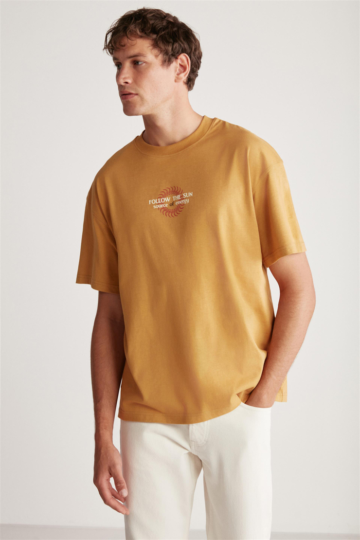 JEFF Örme Oversize Sarı Tekli T-Shirt