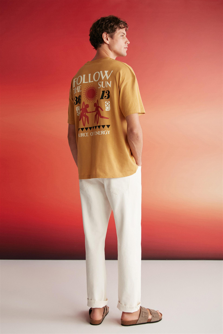 JEFF Örme Oversize Sarı Tekli T-Shirt