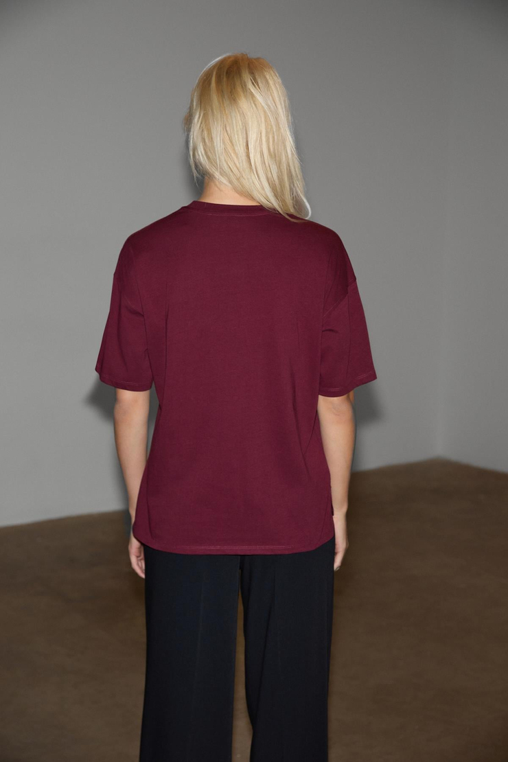 Jemmy Kadın %100 Organik Pamuk Relaxed Fit Yırtmaçlı Yuvarlak Yakalı Bordo T-Shirt