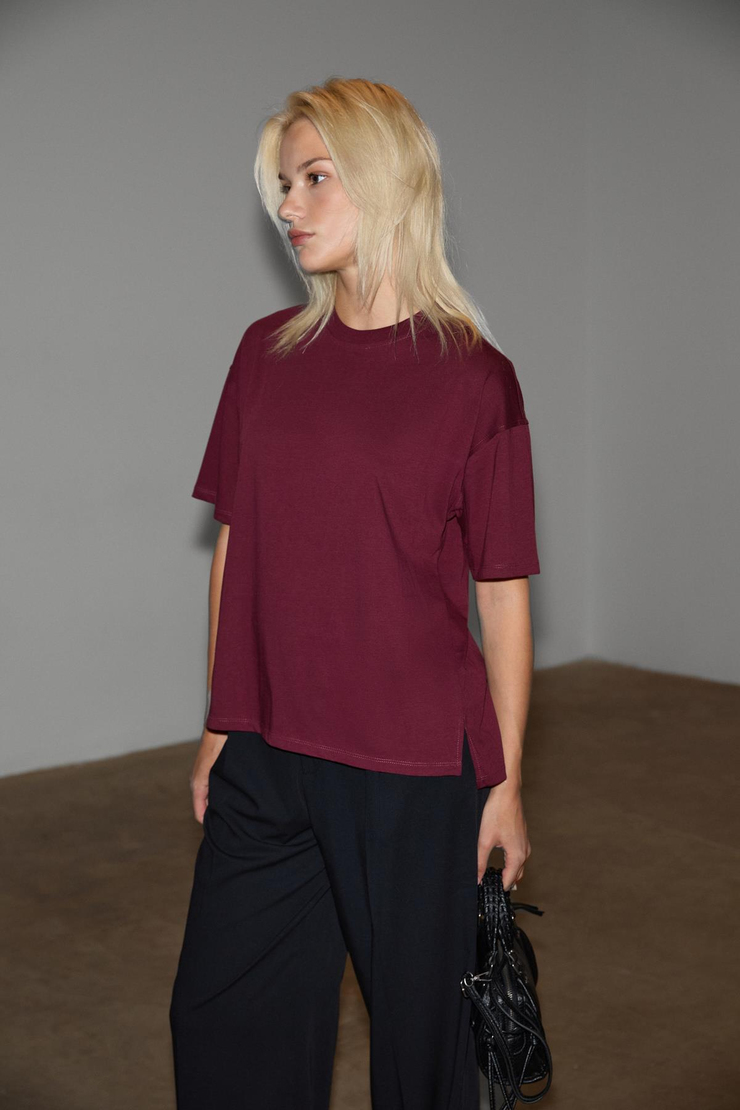 Jemmy Kadın %100 Organik Pamuk Relaxed Fit Yırtmaçlı Yuvarlak Yakalı Bordo T-Shirt