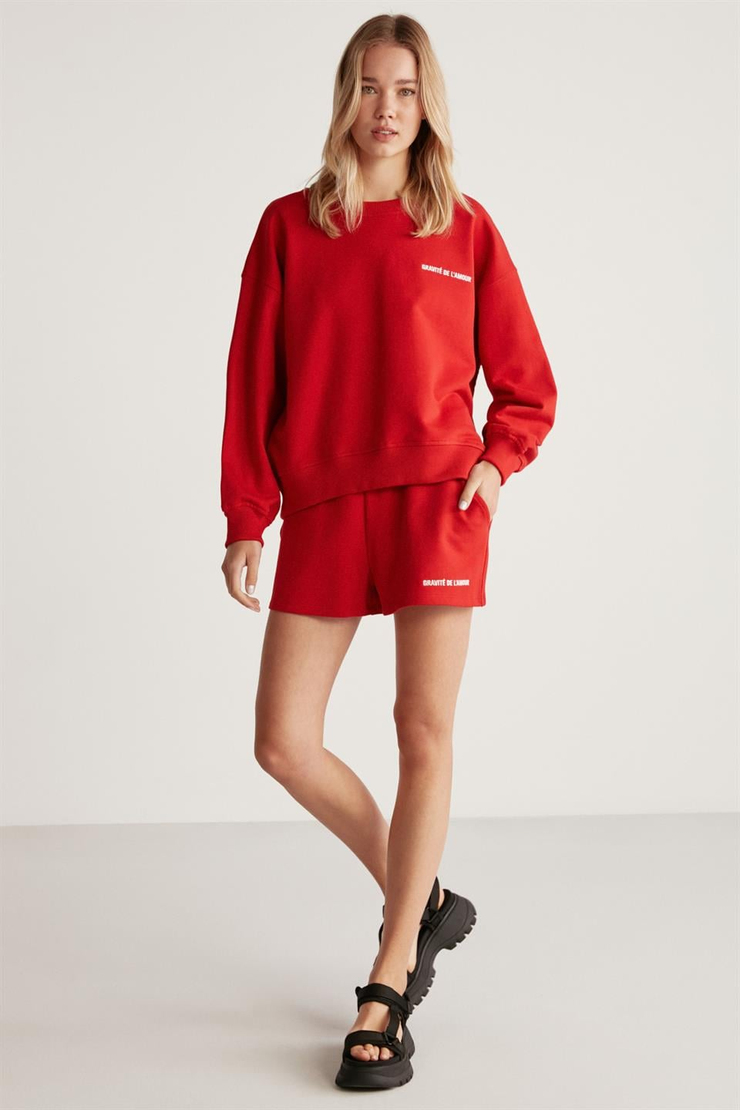 JENNIFER Örme Comfort Kırmızı Tekli Sweatshirt