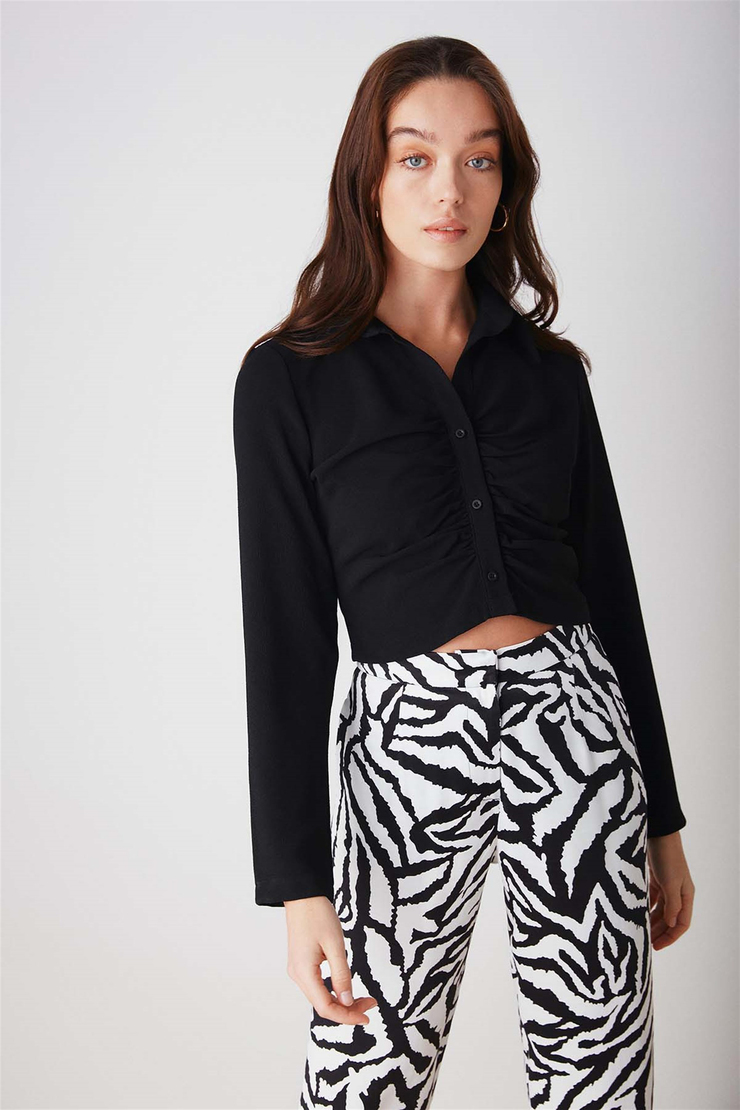 JENNYFER Dokuma Crop Fit Siyah  Bluz