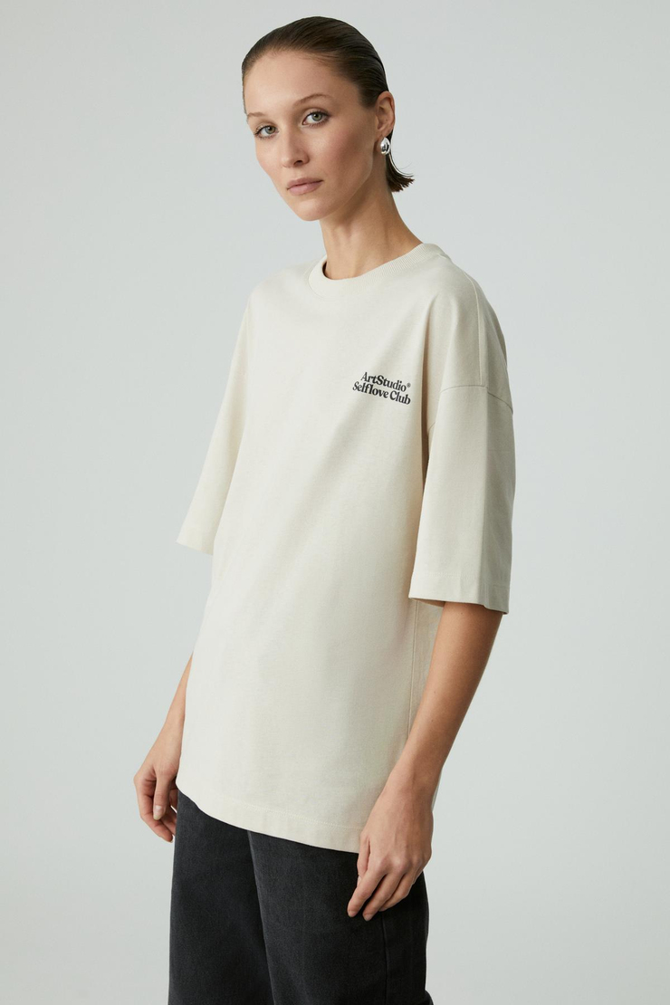 JESLEEN Kadın Oversıze Yuvarlak Yaka Relaxed Bej T-Shirt