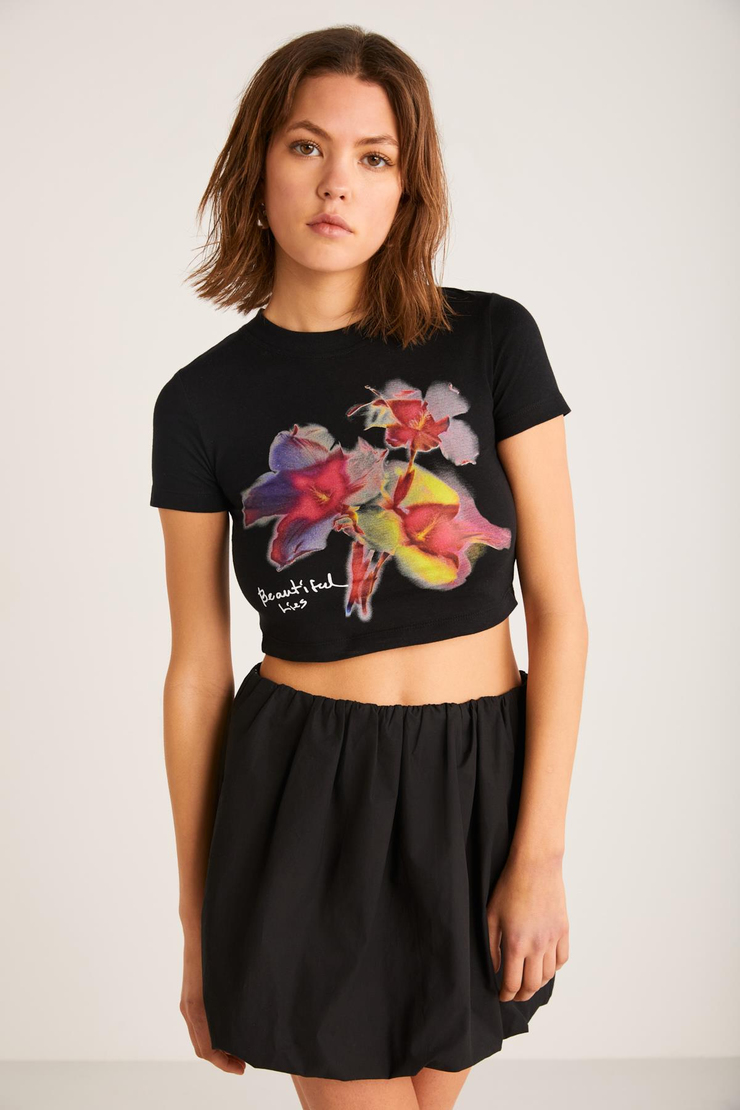 JESS Basic Crop Siyah Tekli T-Shirt