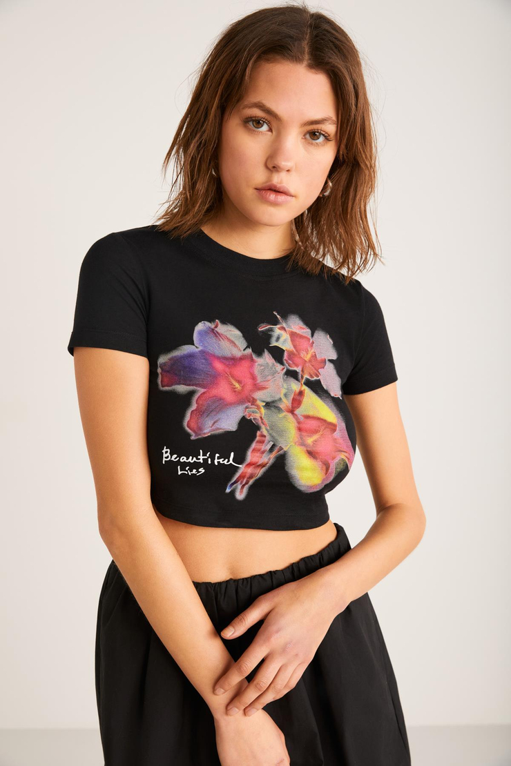 JESS Basic Crop Siyah Tekli T-Shirt