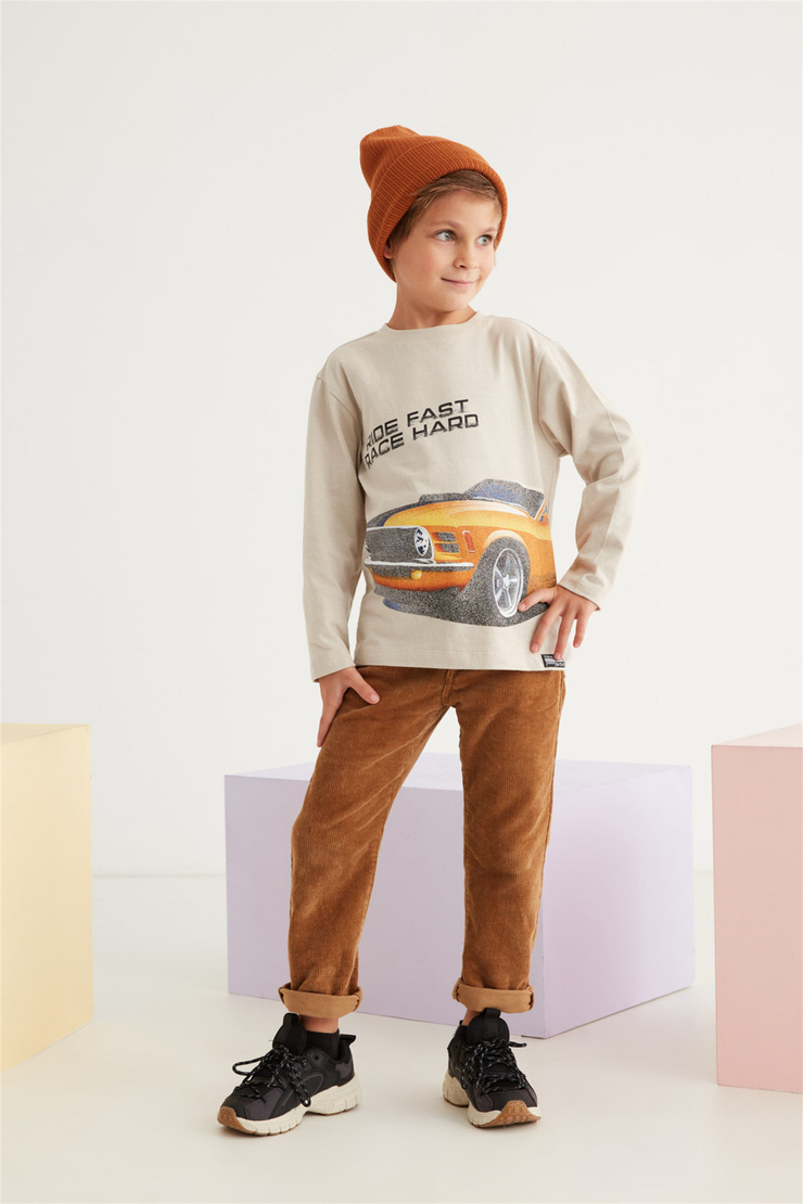 JESSIE Çocuk Bej Baskılı Yuvarlak Yaka Comfort Fit T-Shirt