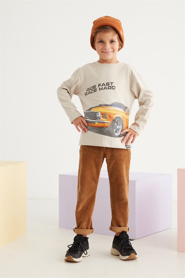 JESSIE Çocuk Bej Baskılı Yuvarlak Yaka Comfort Fit T-Shirt