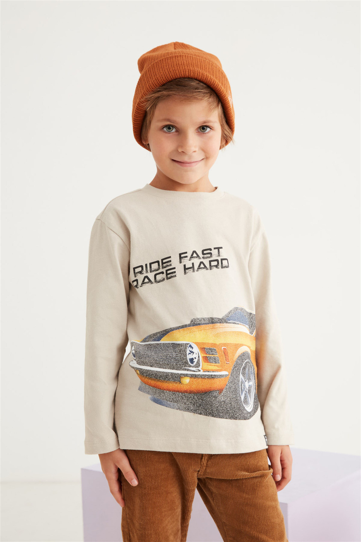 JESSIE Çocuk Bej Baskılı Yuvarlak Yaka Comfort Fit T-Shirt
