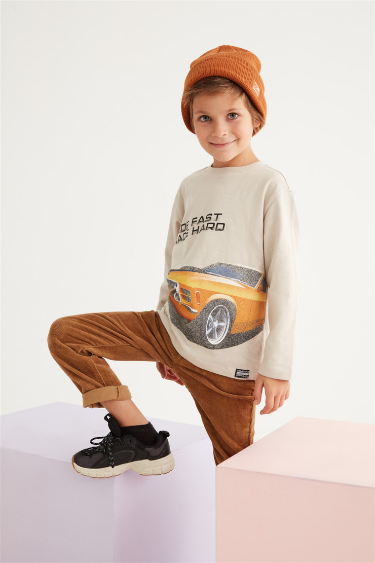 JESSIE Çocuk Bej Baskılı Yuvarlak Yaka Comfort Fit T-Shirt