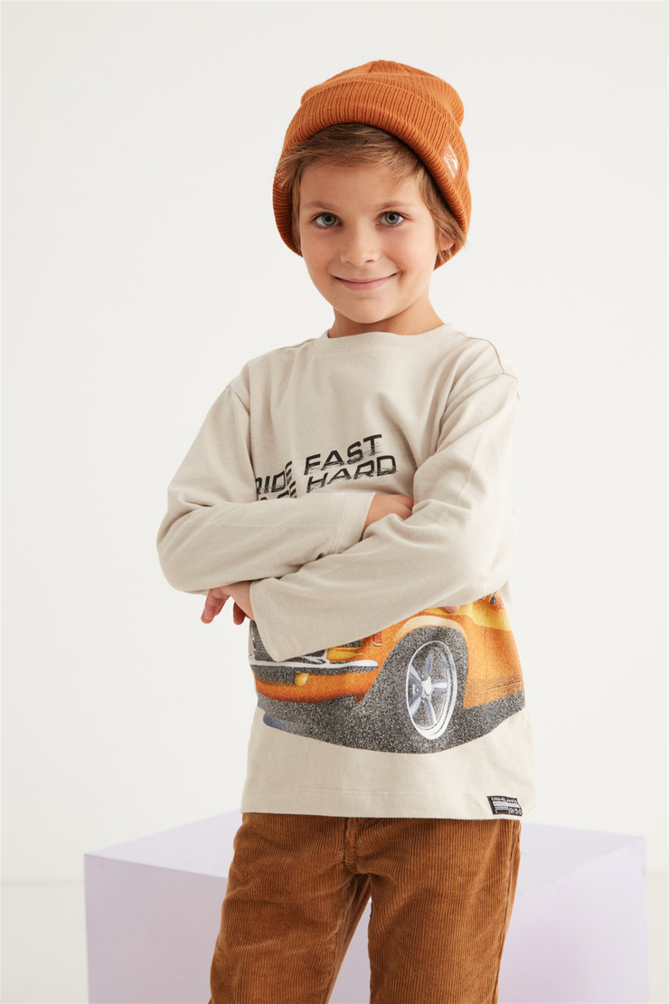 JESSIE Çocuk Bej Baskılı Yuvarlak Yaka Comfort Fit T-Shirt