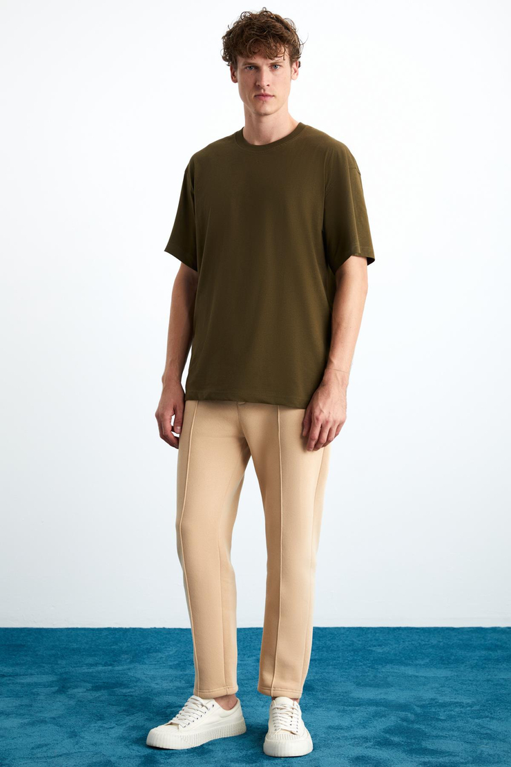 JETT Erkek %100 Organik Pamuklu Kalın Dokulu Oversize Fit Bisiklet Yaka Haki T-Shirt