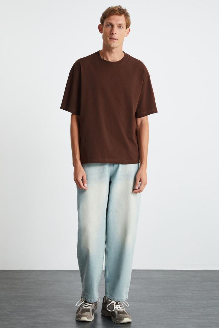 JETT Erkek %100 Organik Pamuklu Kalın Dokulu Oversize Fit Bisiklet Yaka Acı Kahve T-Shirt