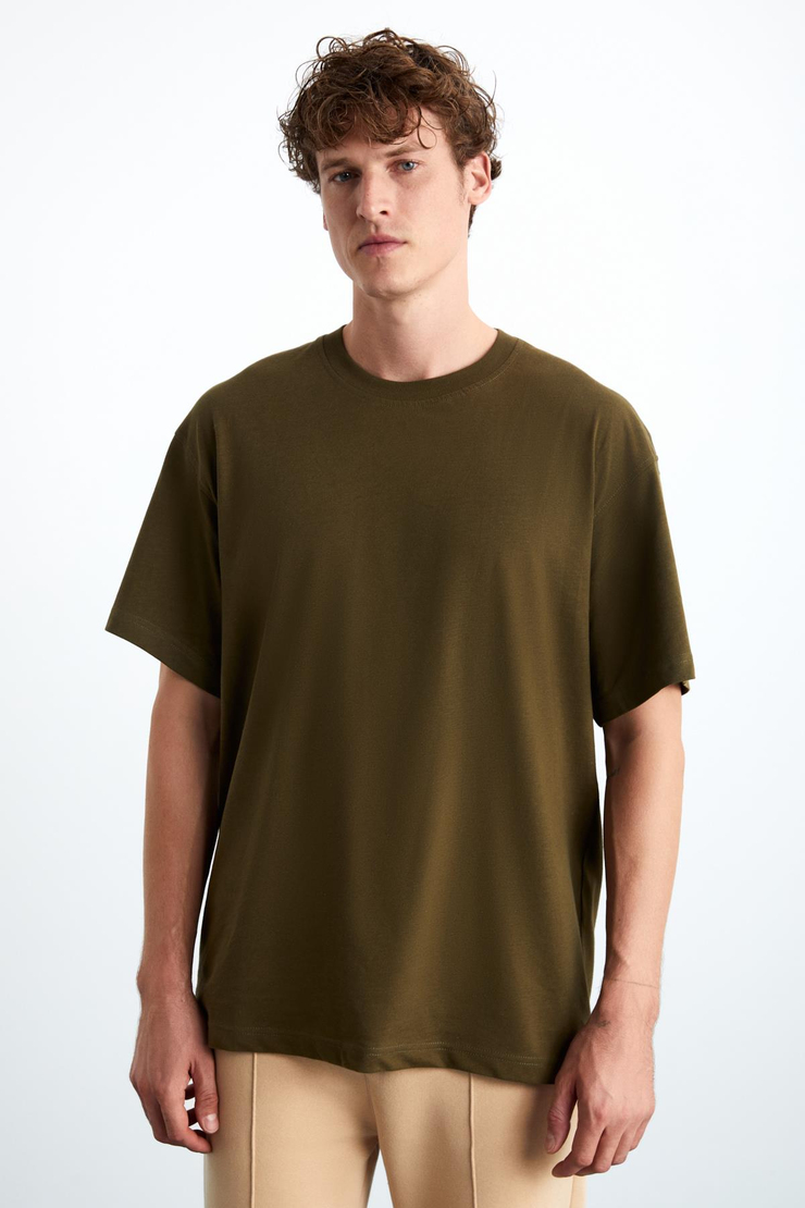 JETT Erkek %100 Organik Pamuklu Kalın Dokulu Oversize Fit Bisiklet Yaka Haki T-Shirt