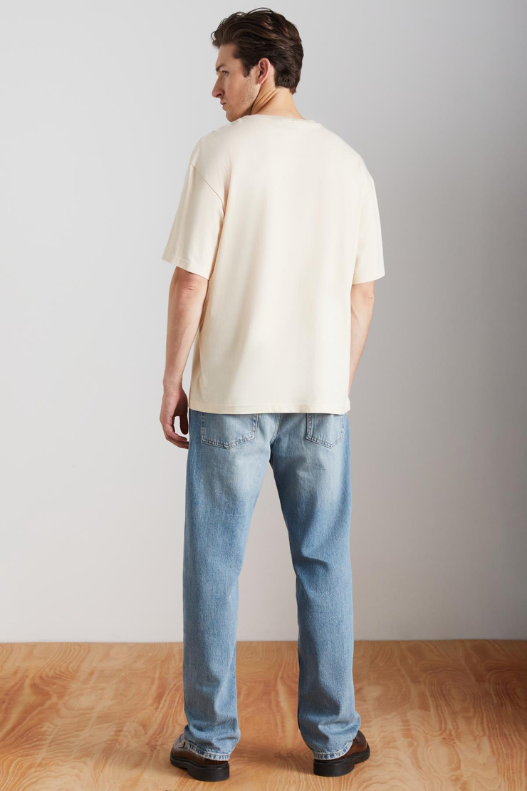JETT Erkek %100 Organik Pamuklu Kalın Dokulu Oversize Fit Bisiklet Yaka Vanilya T-Shirt