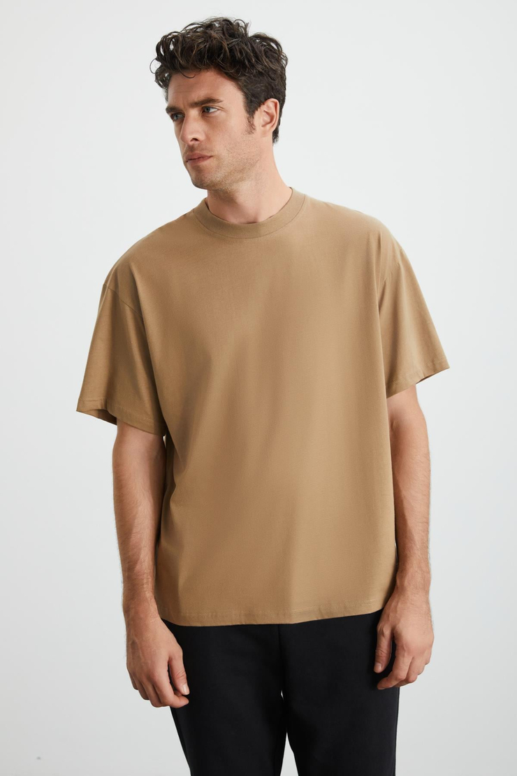JETT Erkek %100 Organik Pamuklu Kalın Dokulu Oversize Fit Bisiklet Yaka Vizon T-Shirt
