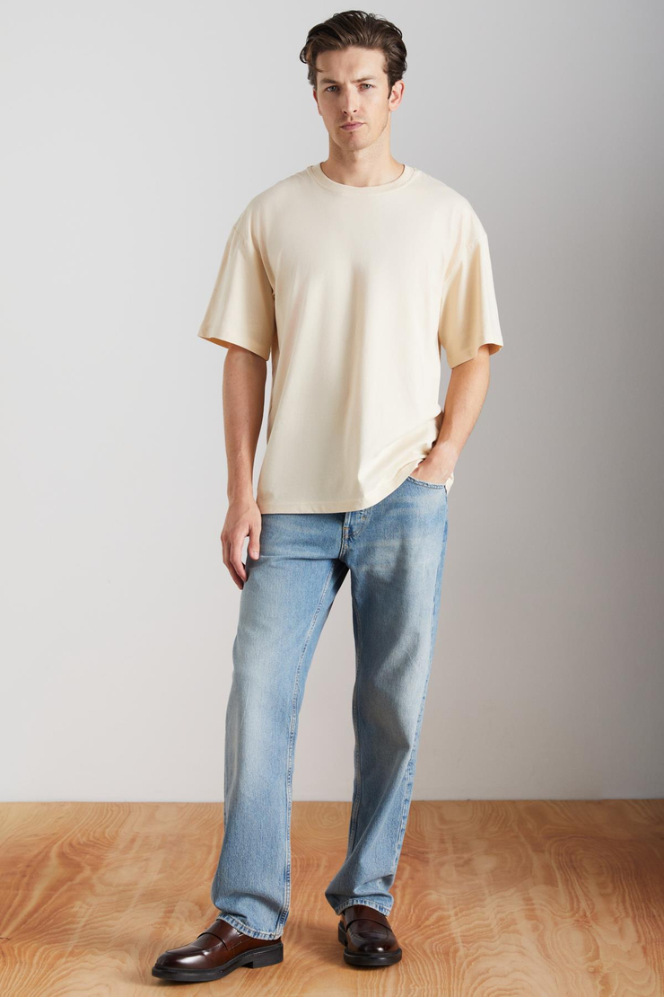 JETT Erkek %100 Organik Pamuklu Kalın Dokulu Oversize Fit Bisiklet Yaka Vanilya T-Shirt