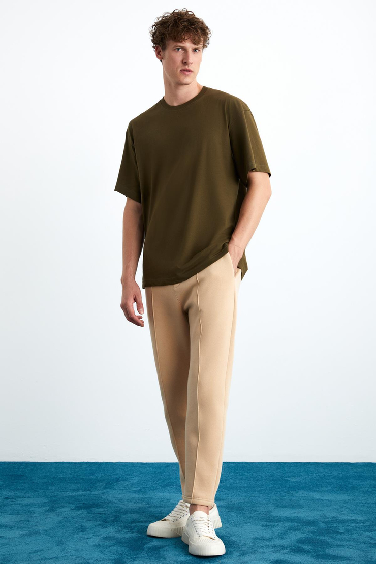 JETT Erkek %100 Organik Pamuklu Kalın Dokulu Oversize Fit Bisiklet Yaka Haki T-Shirt
