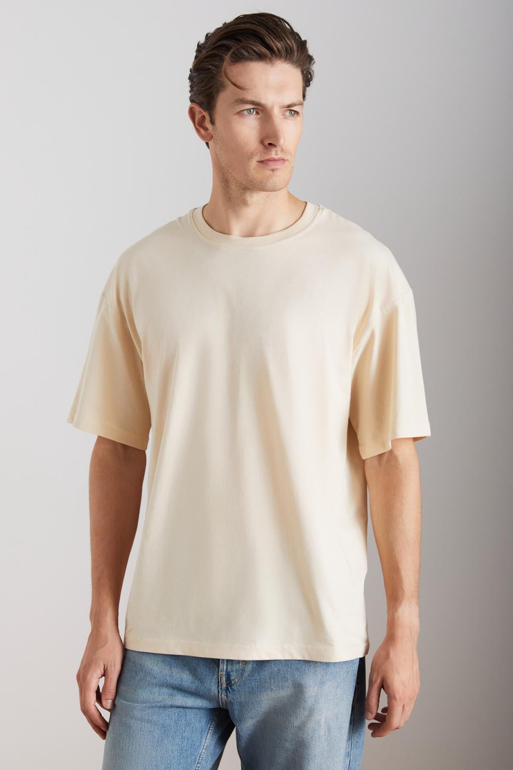JETT Erkek %100 Organik Pamuklu Kalın Dokulu Oversize Fit Bisiklet Yaka Vanilya T-Shirt