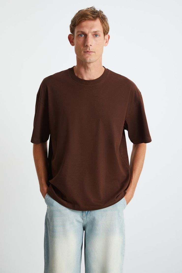 JETT Erkek %100 Organik Pamuklu Kalın Dokulu Oversize Fit Bisiklet Yaka Acı Kahve T-Shirt