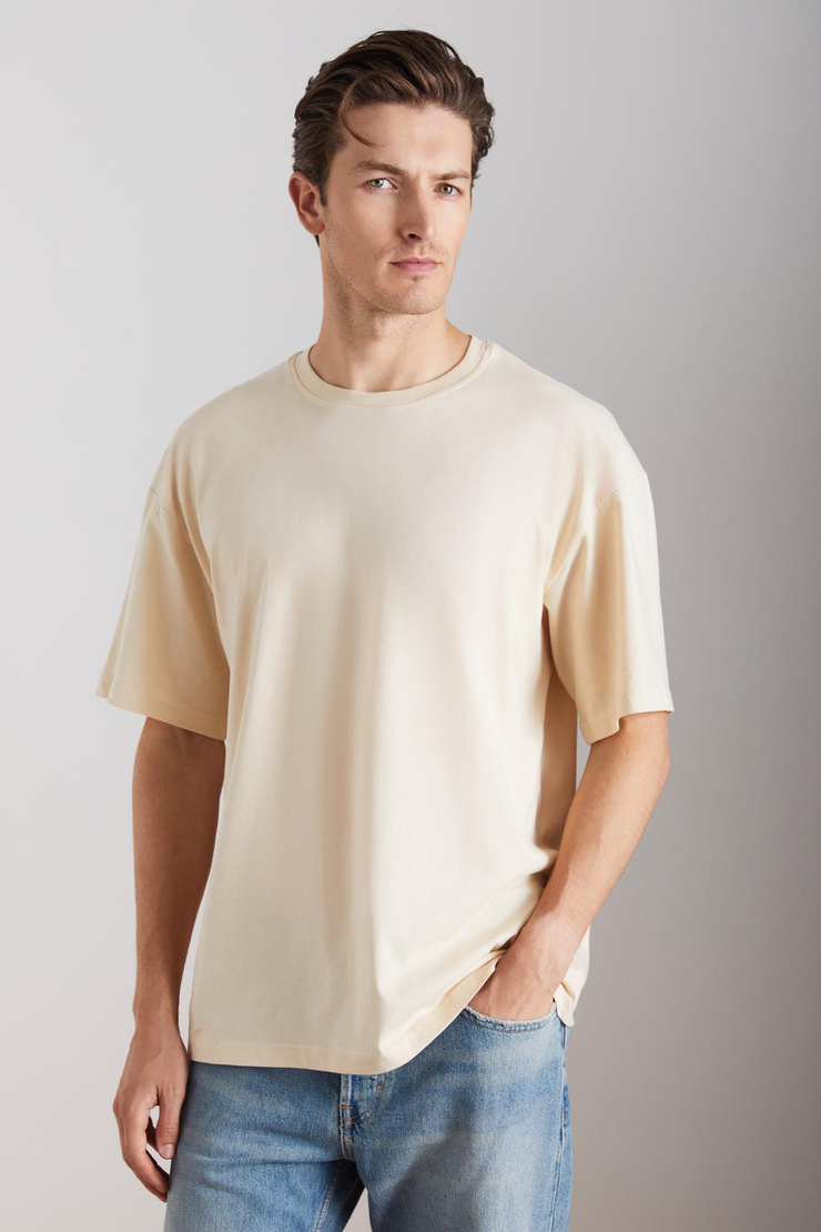 JETT Erkek %100 Organik Pamuklu Kalın Dokulu Oversize Fit Bisiklet Yaka Vanilya T-Shirt
