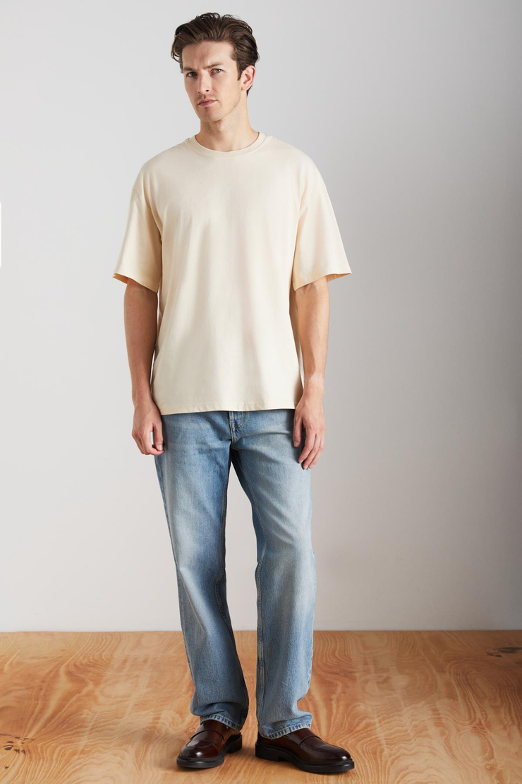 JETT Erkek %100 Organik Pamuklu Kalın Dokulu Oversize Fit Bisiklet Yaka Vanilya T-Shirt