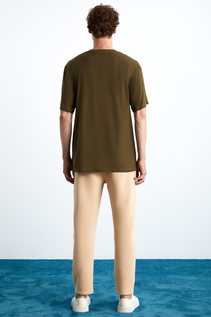 JETT Erkek %100 Organik Pamuklu Kalın Dokulu Oversize Fit Bisiklet Yaka Haki T-Shirt