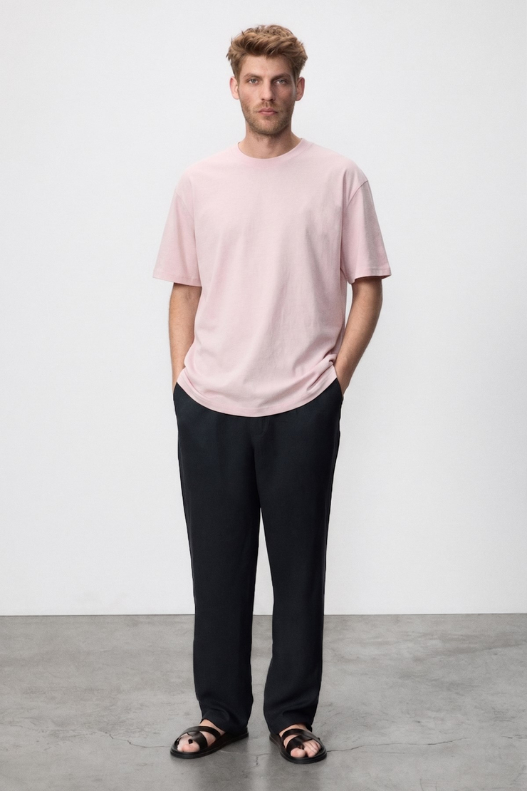 JETT Erkek Oversize Fit %100 organik Pamuk Kalın Dokulu Bisiklet Yakalı Açık Pembe T-Shirt