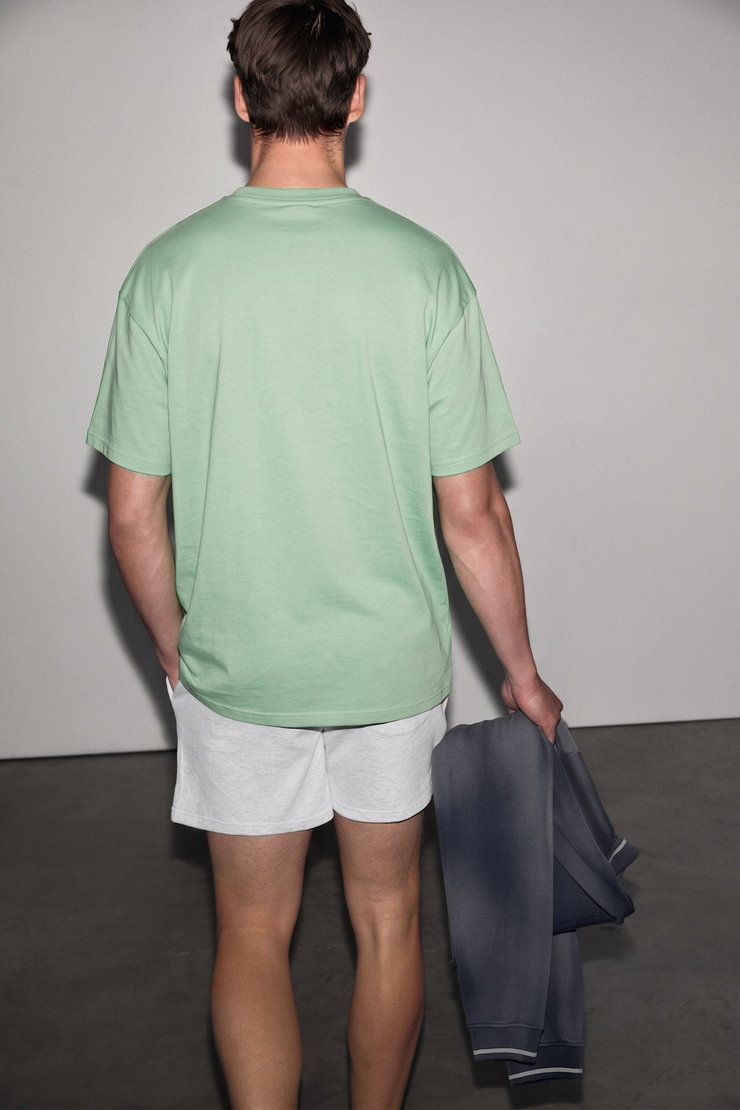 JETT Erkek Oversize Fit %100 organik Pamuk Kalın Dokulu Bisiklet Yakalı Fıstık Yeşili T-Shirt