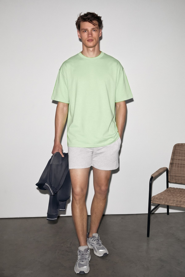 JETT Erkek Oversize Fit %100 organik Pamuk Kalın Dokulu Bisiklet Yakalı Fıstık Yeşili T-Shirt