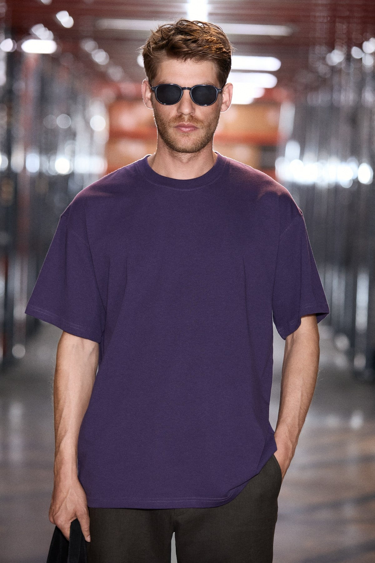JETT Erkek Oversize Fit %100 organik Pamuk Kalın Dokulu Bisiklet Yakalı Koyu Mor T-Shirt