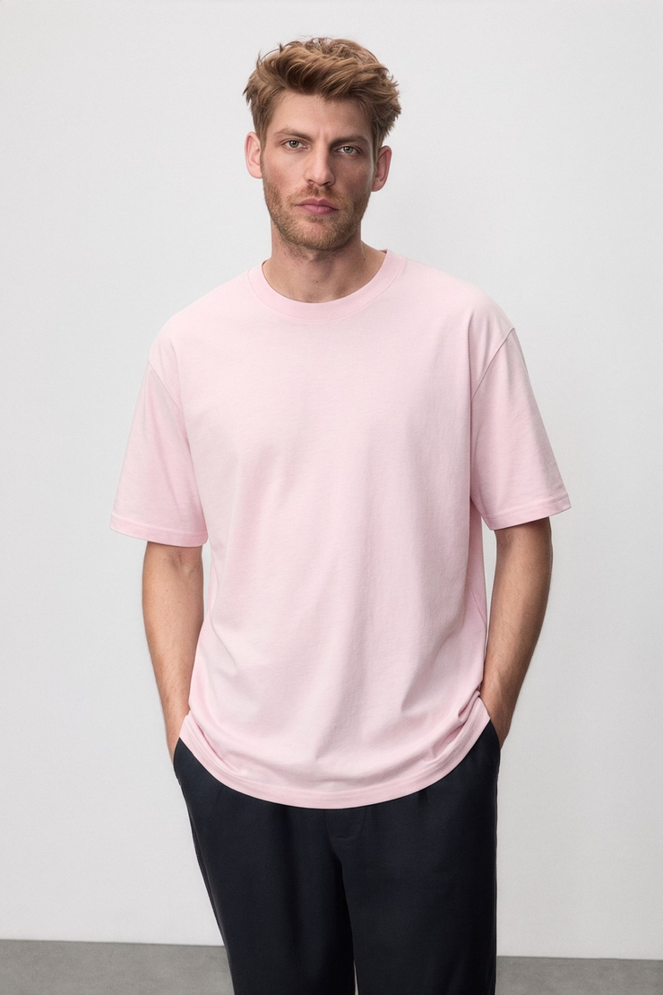 JETT Erkek Oversize Fit %100 organik Pamuk Kalın Dokulu Bisiklet Yakalı Açık Pembe T-Shirt