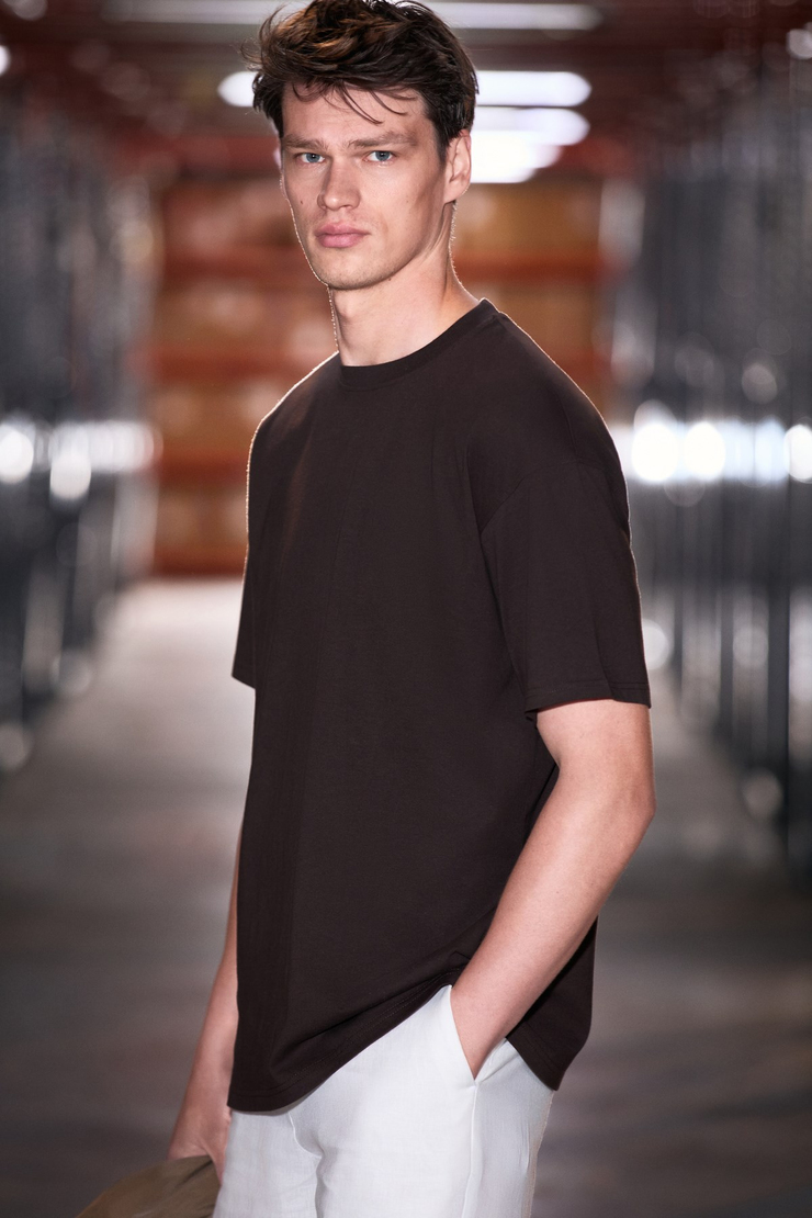 JETT Erkek Oversize Fit %100 organik Pamuk Kalın Dokulu Bisiklet Yakalı Çikolata Kahve T-Shirt