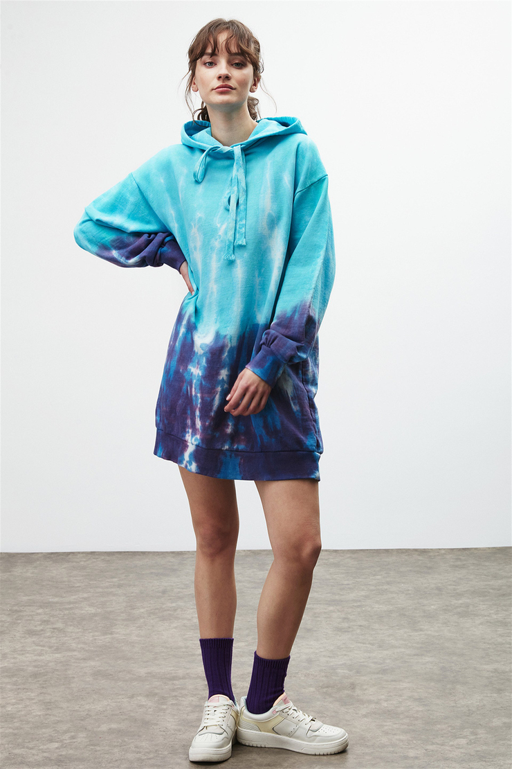JILLIAN Kadın Mavi Batik Kapüşonlu Comfort Fit Elbise
