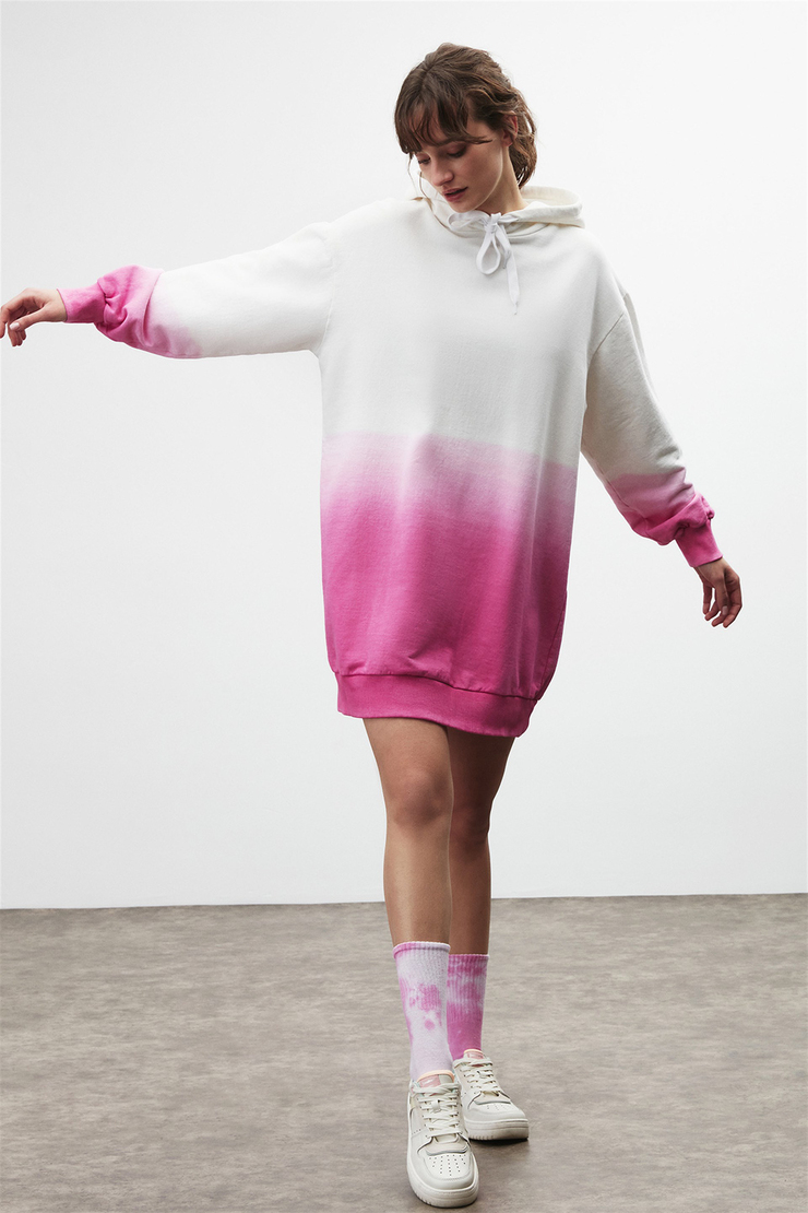JILLIAN Kadın Pembe Batik Kapüşonlu Comfort Fit Elbise