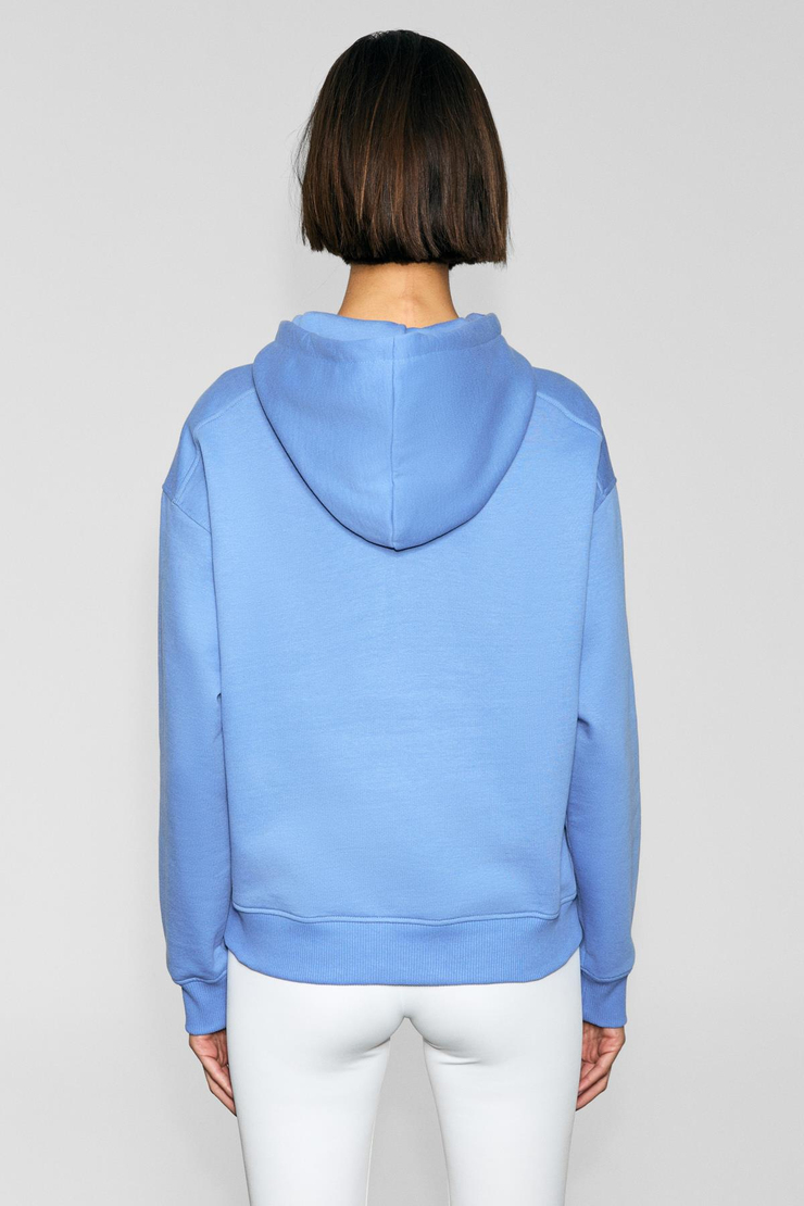 JINGSO Kadın Polarlı Yumuşak Kapüşonlu Kanguru Cepli Baskı Detaylı Mavi Sweatshirt