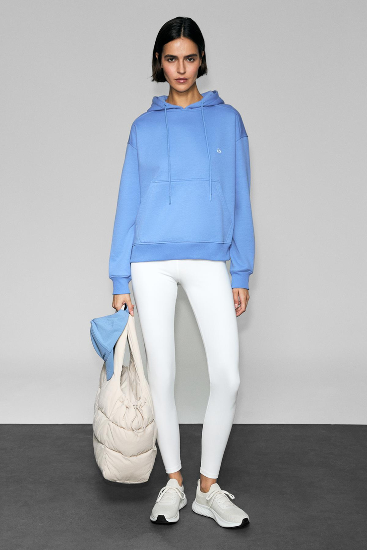 JINGSO Kadın Polarlı Yumuşak Kapüşonlu Kanguru Cepli Baskı Detaylı Mavi Sweatshirt