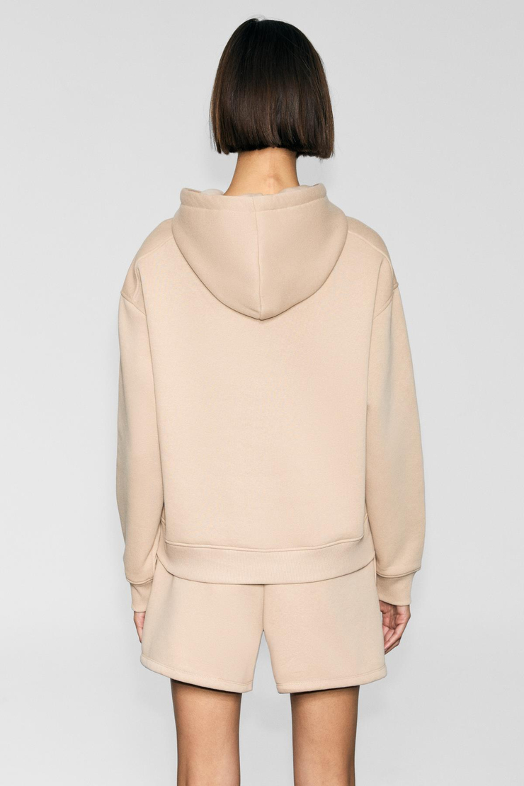 JINGSO Kadın Polarlı Yumuşak Kapüşonlu Kanguru Cepli Baskı Detaylı Vizon Sweatshirt