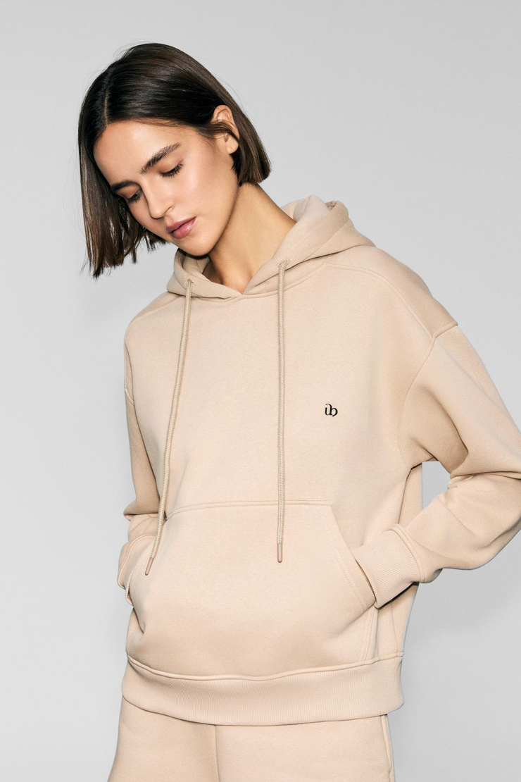 JINGSO Kadın Polarlı Yumuşak Kapüşonlu Kanguru Cepli Baskı Detaylı Vizon Sweatshirt