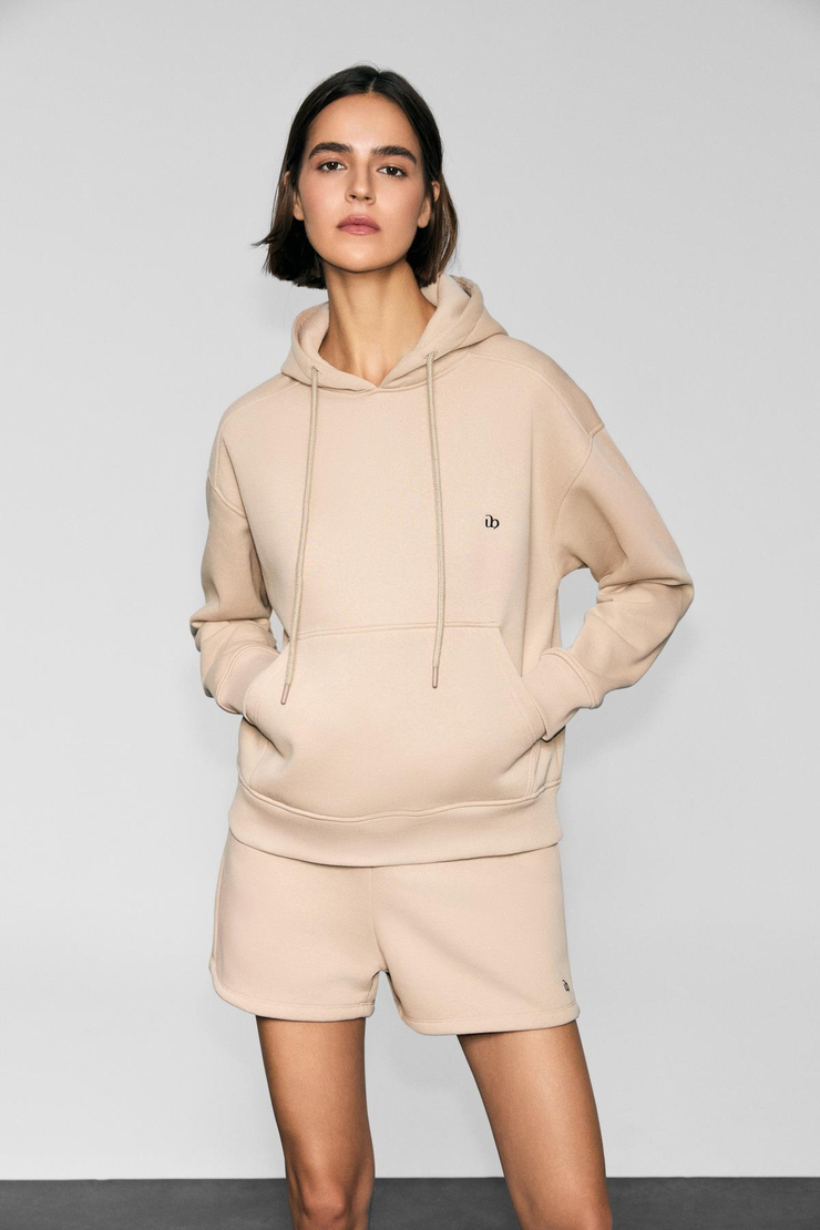 JINGSO Kadın Polarlı Yumuşak Kapüşonlu Kanguru Cepli Baskı Detaylı Vizon Sweatshirt
