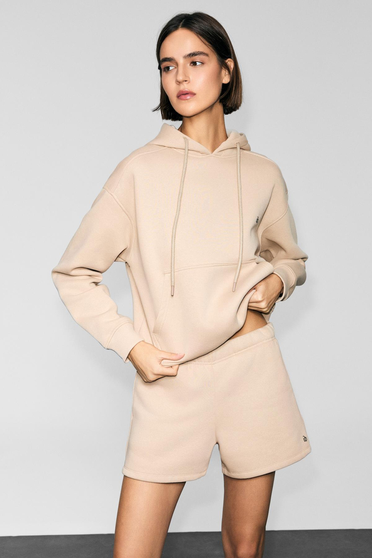 JINGSO Kadın Polarlı Yumuşak Kapüşonlu Kanguru Cepli Baskı Detaylı Vizon Sweatshirt
