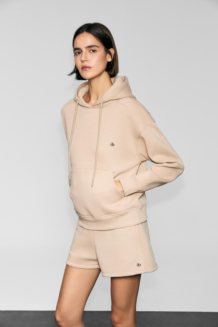 JINGSO Kadın Polarlı Yumuşak Kapüşonlu Kanguru Cepli Baskı Detaylı Vizon Sweatshirt