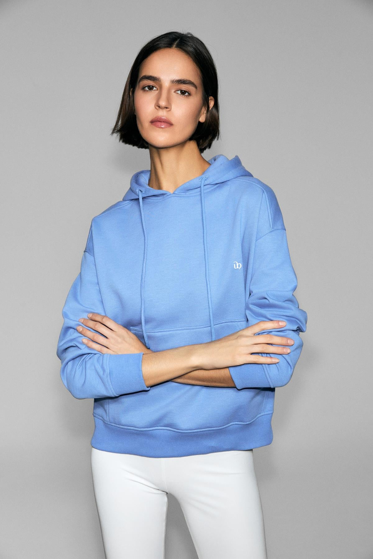 JINGSO Kadın Polarlı Yumuşak Kapüşonlu Kanguru Cepli Baskı Detaylı Mavi Sweatshirt
