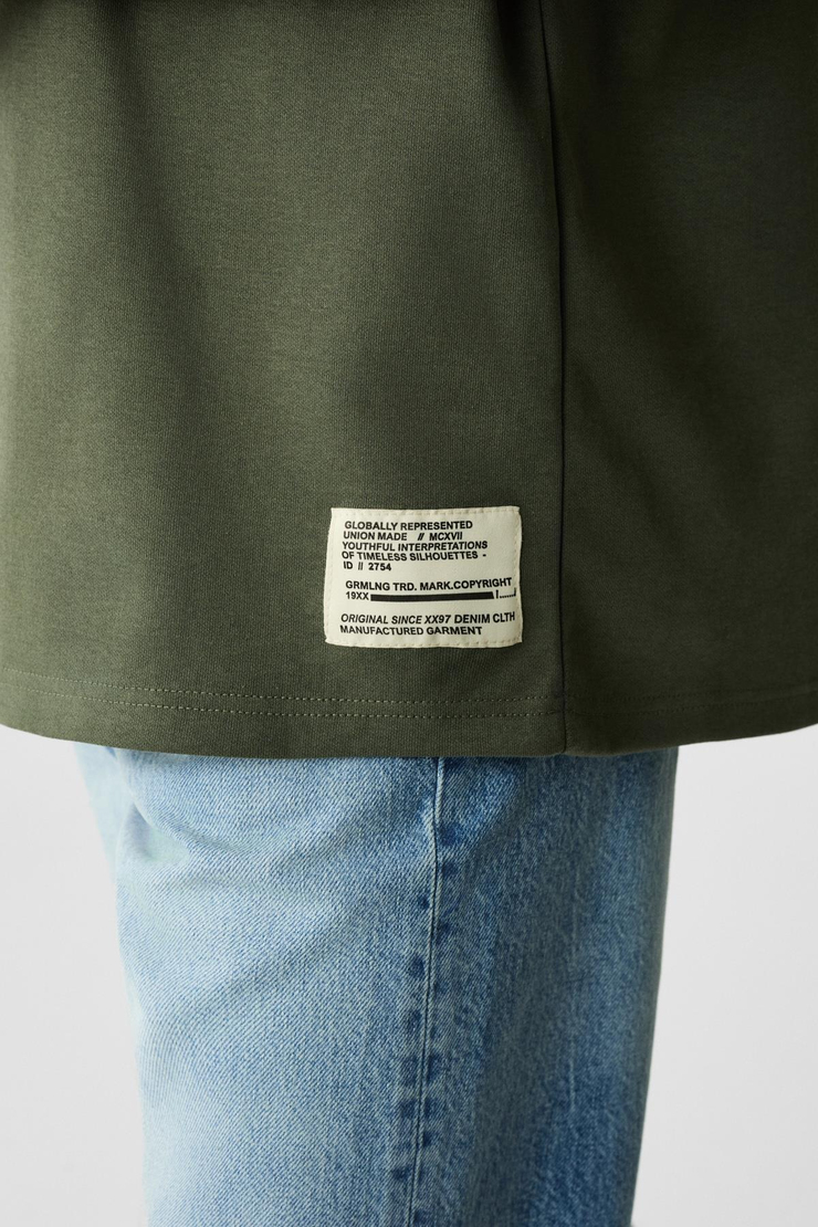 JOEL Erkek %100 Organik Pamuklu Kalın Kumaşlı Özel Dokulu Etiket Detaylı Oversize Haki T-Shirt