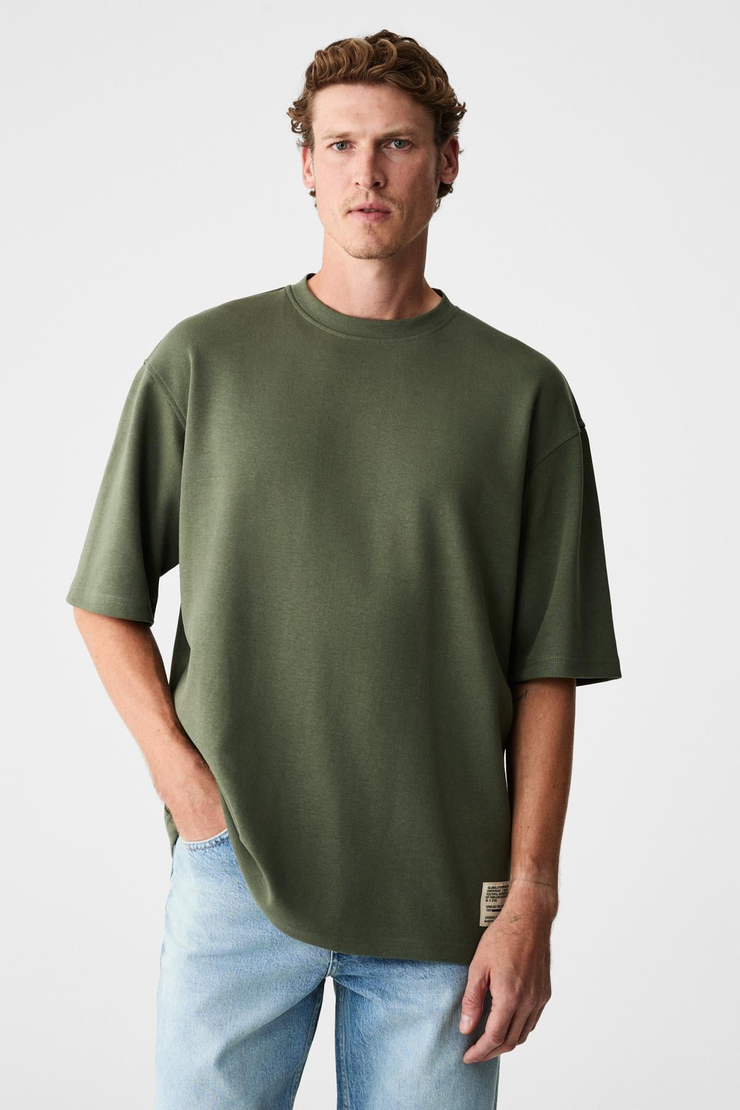 JOEL Erkek %100 Organik Pamuklu Kalın Kumaşlı Özel Dokulu Etiket Detaylı Oversize Haki T-Shirt