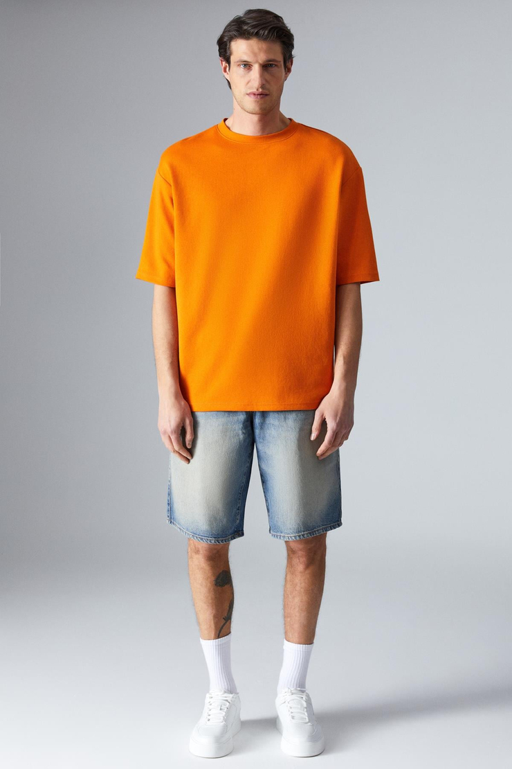 JOEL Erkek %100 Organik Pamuklu Kalın Kumaşlı Özel Dokulu Etiket Detaylı Oversize Turuncu T-Shirt