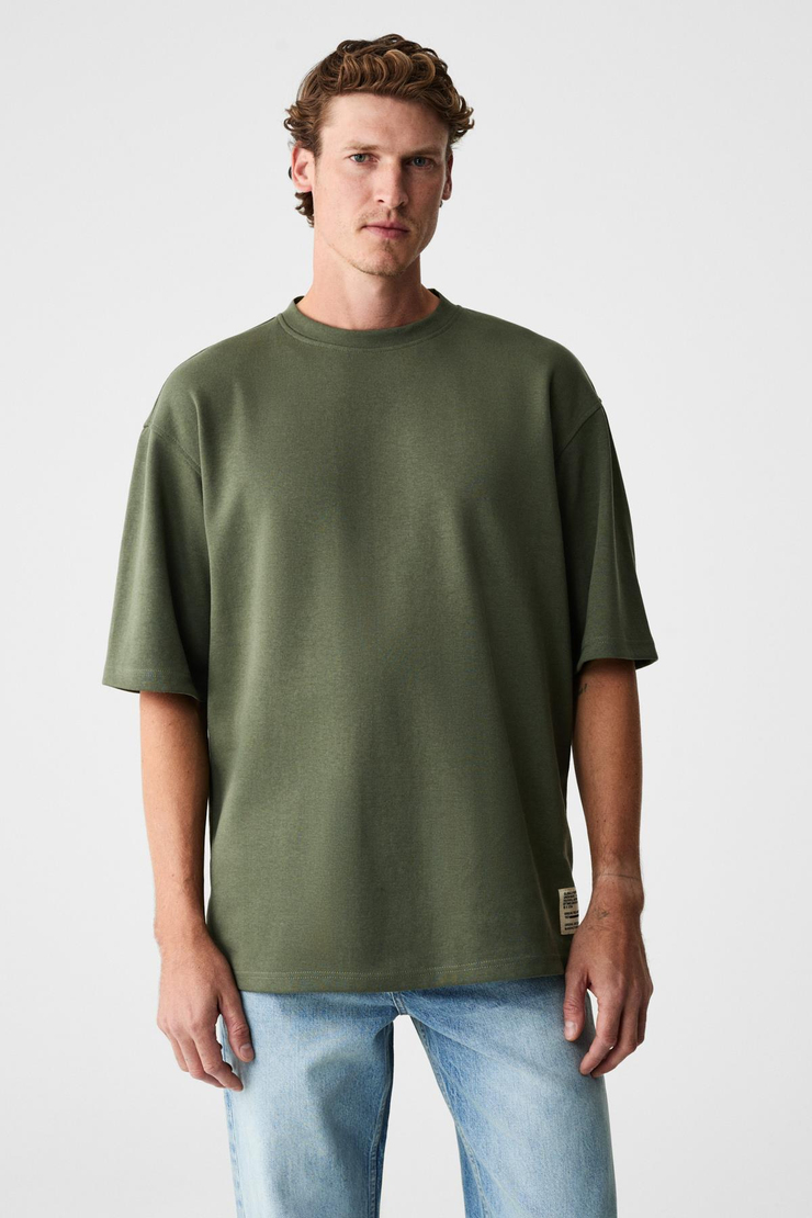 JOEL Erkek %100 Organik Pamuklu Kalın Kumaşlı Özel Dokulu Etiket Detaylı Oversize Haki T-Shirt