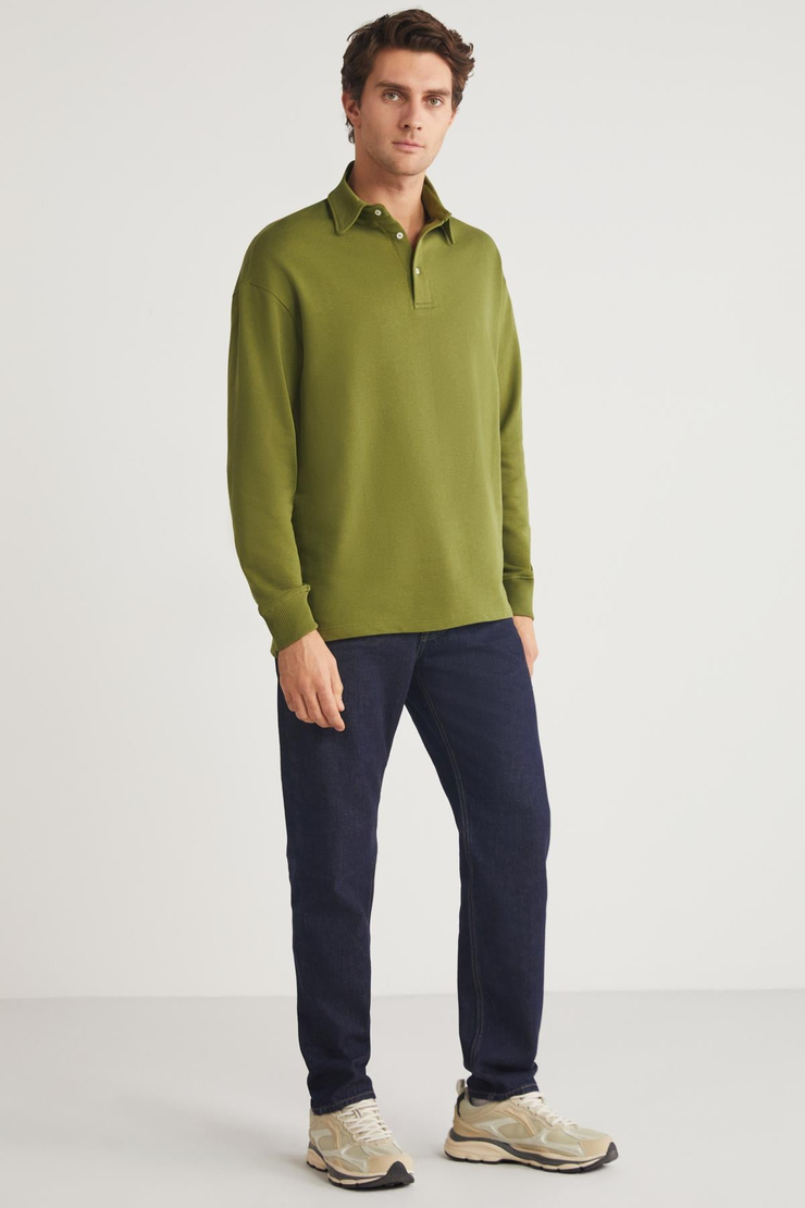 JOHN Erkek Polo Sweat Gömlek Yakalı Arkası Uzun Yırtmaçlı Diagonel Kumaşlı Haki Sweatshirt
