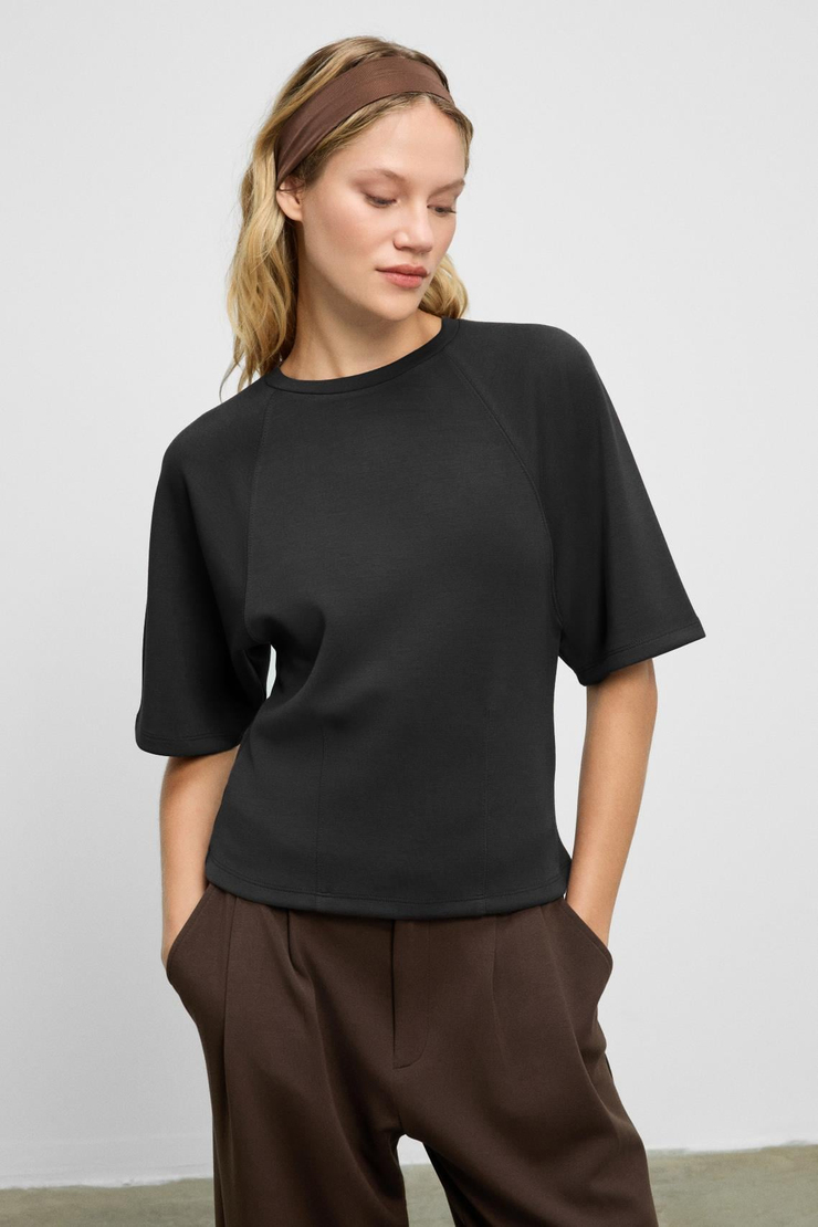 JOLIEZA Kadın Bisiklet Yaka Pens Detaylı Kısa Reglan Kollu Relaxed Fit Siyah Bluz