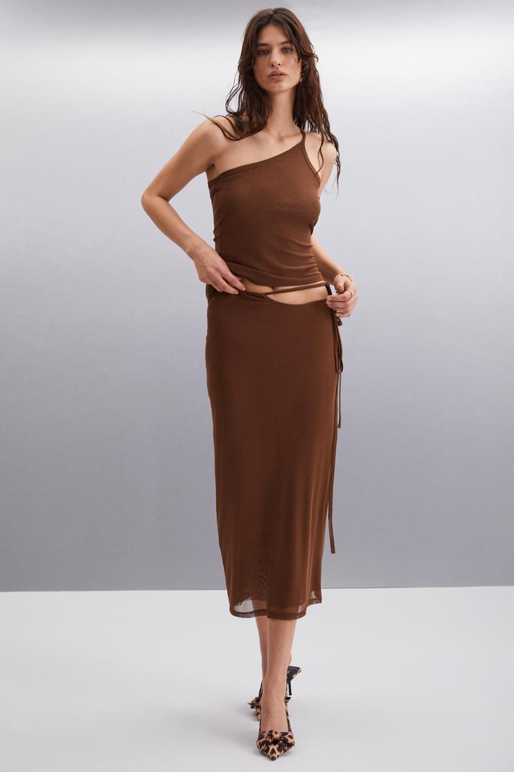 JOSEFINA Basic Slim Kahverengi Tekli Etek