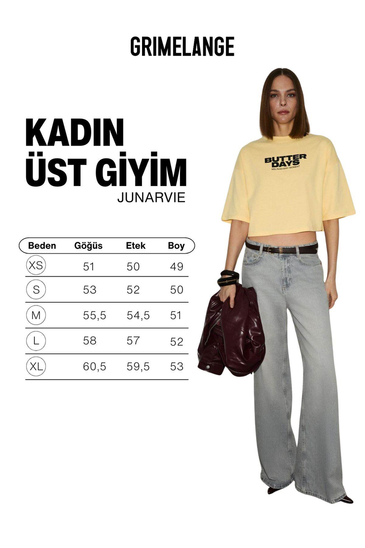 JUNARIVE Kadın Organik Pamuklu Bisiklet Yaka Baskılı Kısa Kollu Sarı T-Shirt